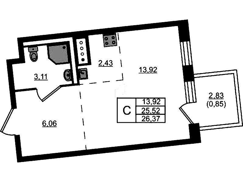 Квартира студия 26.37 м², 3/11 эт., ЖК «Квартал Лаголово»